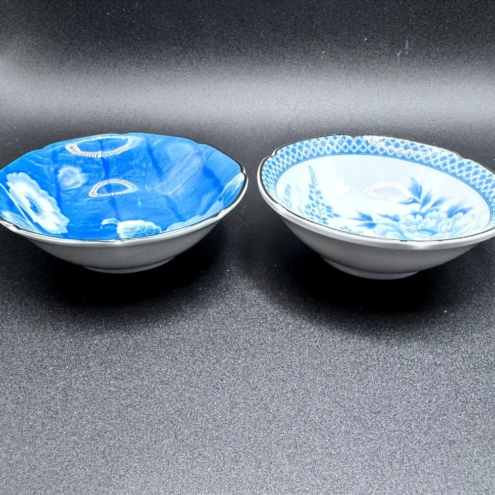 Takahashi San Francisco Blue White Floral‎ Porcelain Bowls Scalloped Vintage Set